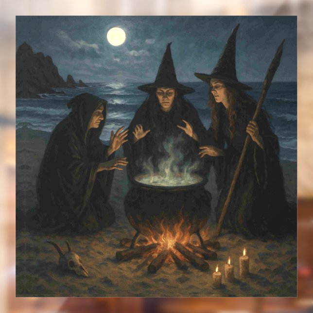 Three Witches Brew Cauldron Full Moon Beach  Window Cling (Sheet 2)