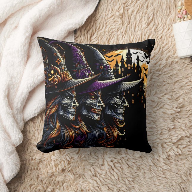 Three witches cast spells on Halloween night Throw Pillow (Blanket)