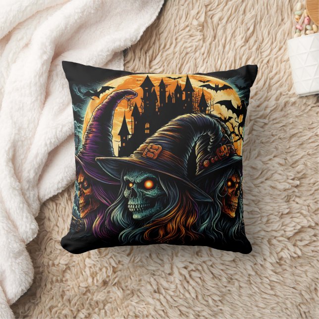 Three witches gather under a glowing full moon throw pillow (Blanket)