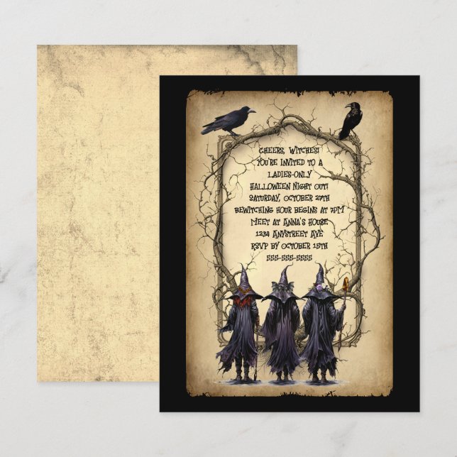 Three Witches & Twig Frame Halloween Invitation (Front/Back)