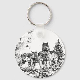 Three Wolf Illustration Key Chain
