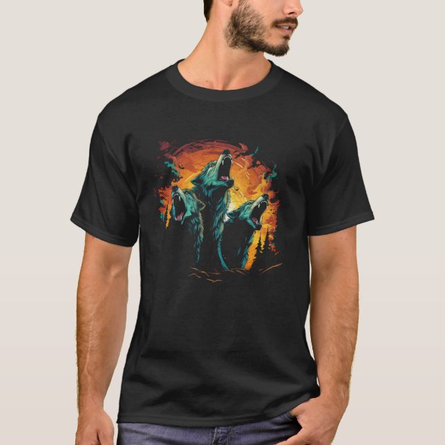 Three Wolves Howling at The Moon Cool Men s Wolf L T-Shirt (Front)