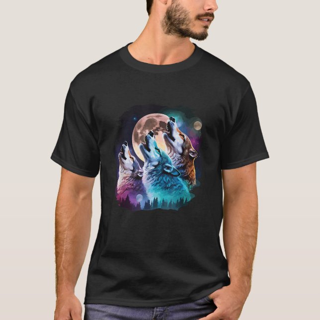 Three Wolves Howling At The Moon Wolf Lover  T-Shirt (Front)