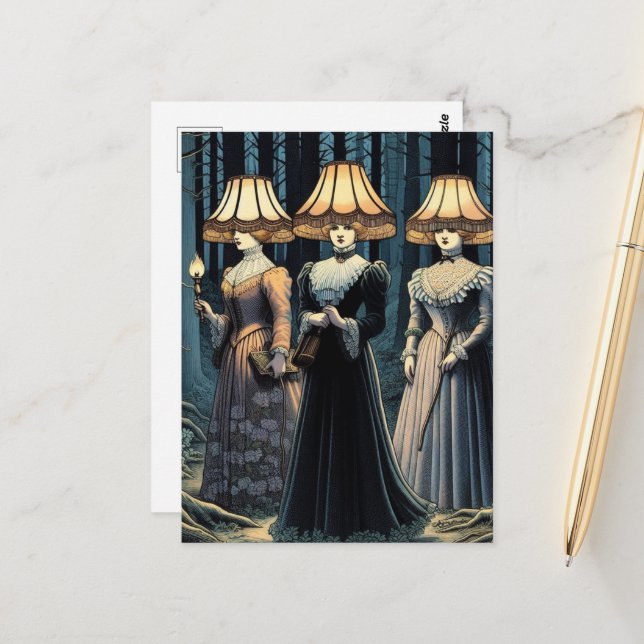 Three Women in the Forest With Lampshade Hats Postcard (Front/Back In Situ)