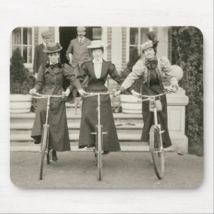 Three women on bicycles, early 1900s (b/w photo) mouse pad