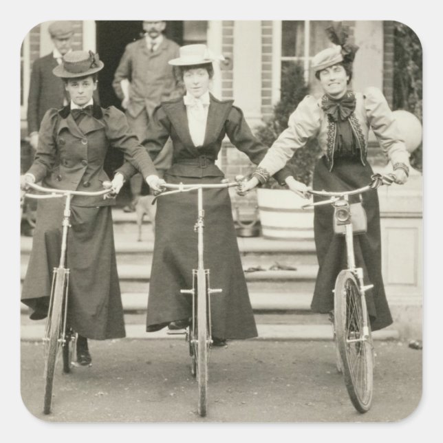 Three women on bicycles, early 1900s (b/w photo) square sticker (Front)
