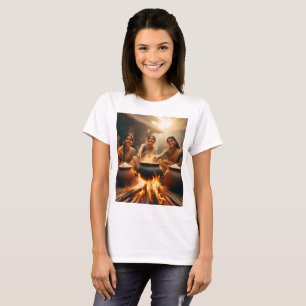 three women sit around a fire with pots and pans T-Shirt