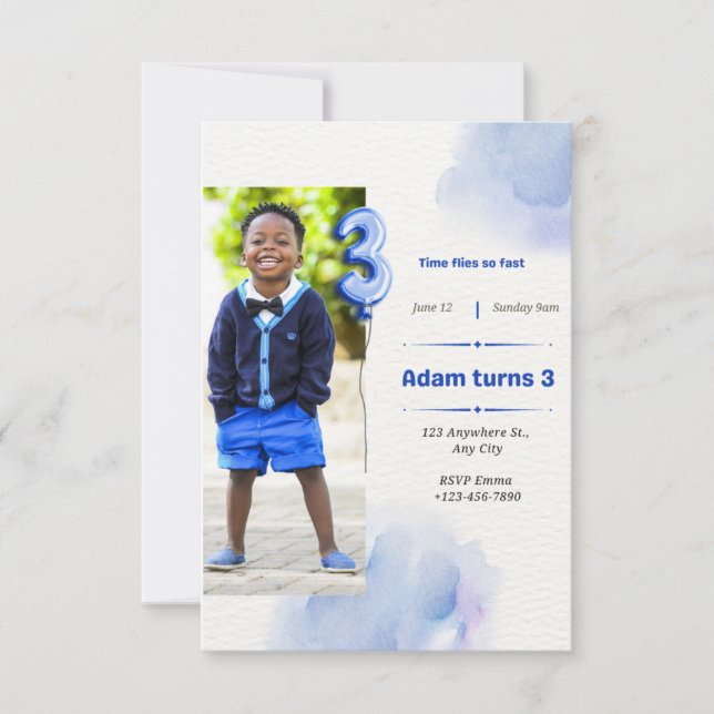 THREE YEARS BIRTHDAY FOR BOY BLUE WITH PHOTO INVITATION (Front)