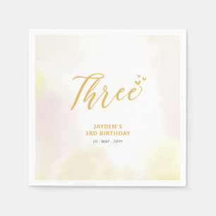 Three    Yellow Hearts & Watercolor 3rd Birthday Napkin