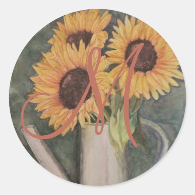THREE YELLOW SUNFLOWERS FLORAL CLASSIC ROUND STICKER (Front)
