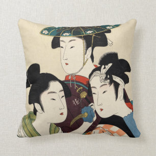Three Young Men or Women by Utamaro Kitagawa art Throw Pillow