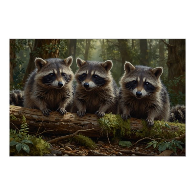 Three Young Raccoons in a Forest Poster (Front)