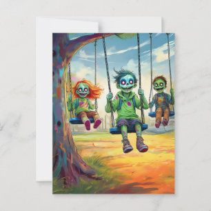 Three Zombie Kids on Swings in Fall Park Postcard