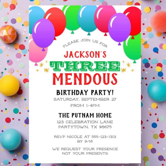 THREEmendous 3rd Birthday Balloon Banner Red Invitation (Creator Uploaded)