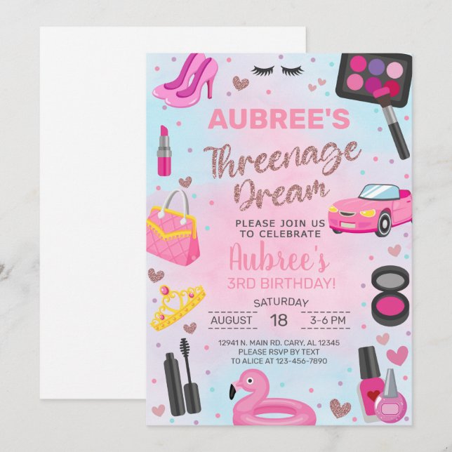 Threenage Dream girl 3rd third birthday invitation (Front/Back)