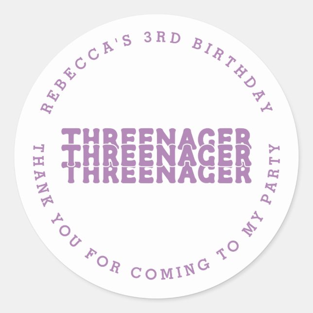 Threenager Name 3rd Birthday Lilac Thank You Classic Round Sticker (Front)