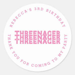 Threenager Name 3rd Birthday Pink Thank You Classic Round Sticker
