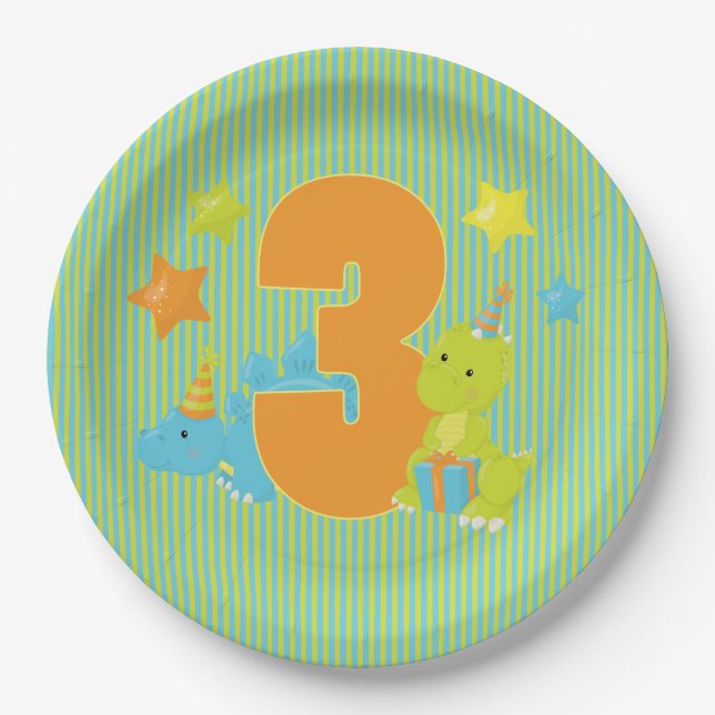 Thrid Birthday - Baby Dinosaur Party Paper Plate (Front)