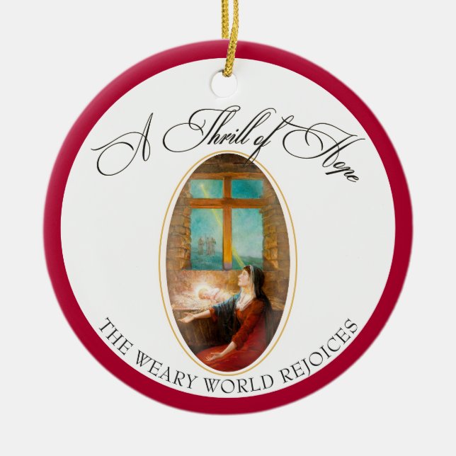 Thrill of Hope Burgundy Red Photo Merry Christmas Ceramic Ornament (Front)