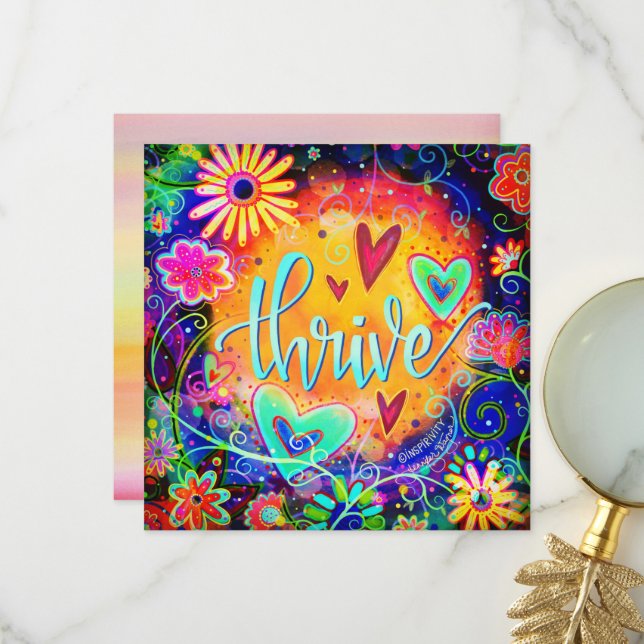 Thrive Pretty Colourful Fun Floral Inspirational. Thank You Card (Front/Back In Situ)