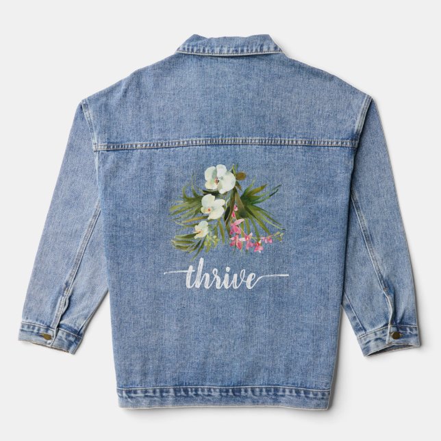 Thrive Tropical Beach Greenery Pink Floral  Denim Jacket (Back)
