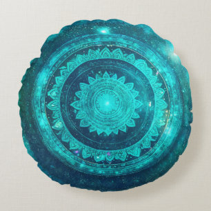 Throat Chakra Turquoise Mandala Meditation Round Pillow