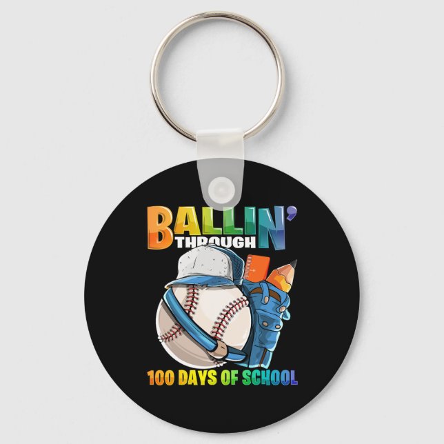 Through 100 Days Of School Baseball Kindergarten B Keychain (Front)