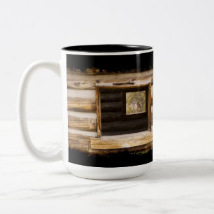 Through and Through Cabin Window on Black Two-Tone Coffee Mug