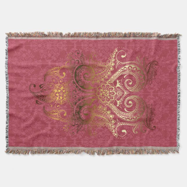 Throw Blanket Gold Indian Ornament Damask fuchsia (Front)