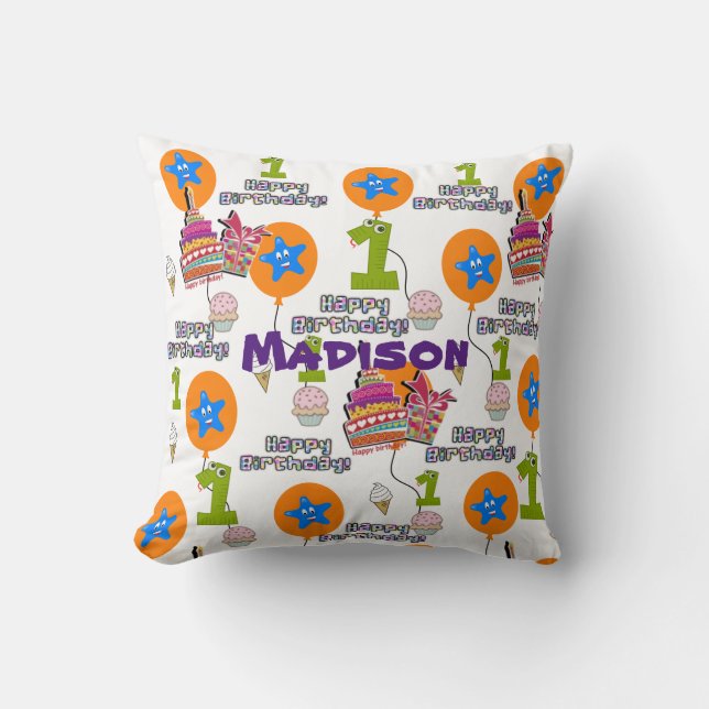 Throw Pillow, #1 First Birthday White Pillow (Front)