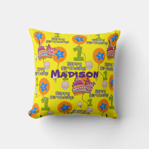 Throw Pillow, #1 First Birthday Yellow Pillow