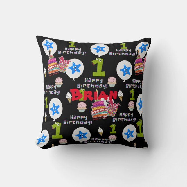 Throw Pillow, #1 Happy First Birthday Black Pillow (Front)