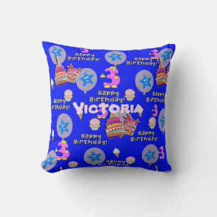 Throw Pillow, #3 Happy 3rd Birthday Blue Throw Pillow