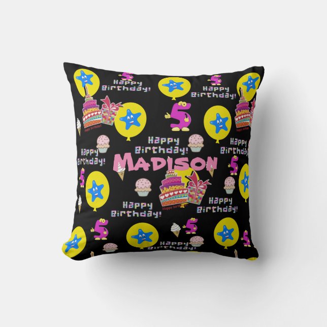 Throw Pillow, #5 Happy 5th Birthday Black Pillow (Front)
