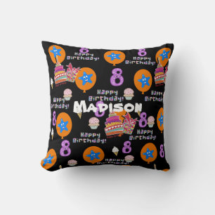 Throw Pillow, #8 Happy 8th Birthday Black Throw Pillow
