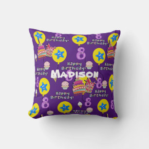 Throw Pillow, #8 Happy 8th Birthday Purple Throw Pillow