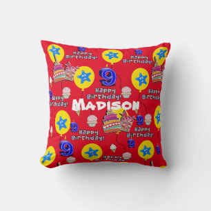 Throw Pillow, #9 Happy 9th Birthday Red Throw Pillow