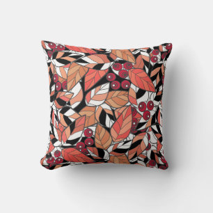 Throw Pillow Abstract cartoon leaves berries black