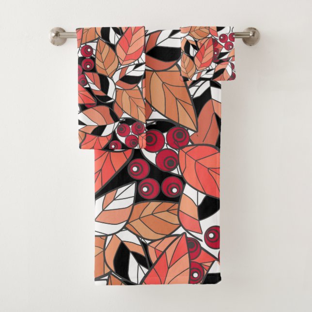 Throw Pillow Abstract cartoon leaves berries black Bath Towel Set (Insitu)