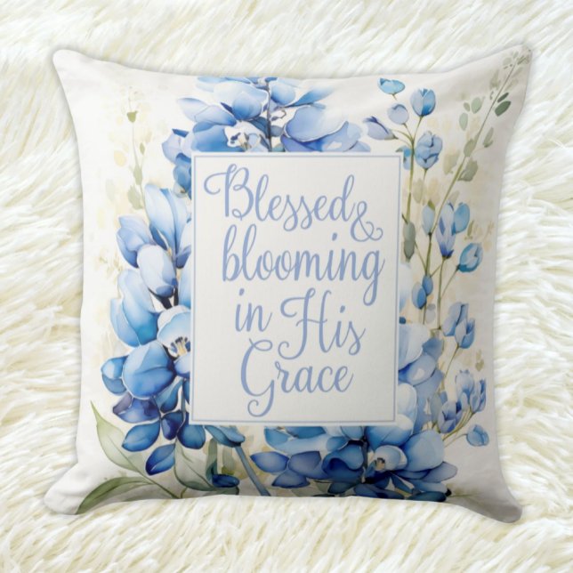 Throw Pillow Blessed and Blooming Easter Gift (Throw Pillow Blessed and Blooming in His Grace Bluebonnet Floral Easter Gift nursery decor)