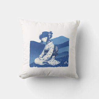 Throw Pillow-Blue Kimono Girl Pillow