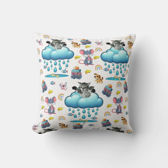 Throw Pillow Cat Dog Mice Cheese Fish Bones  (Front)