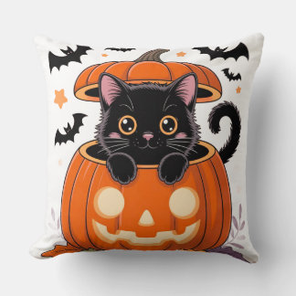 Throw Pillow – Cute Black Cat in Pumpkin Halloween