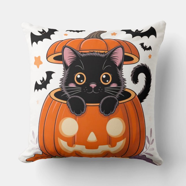 Throw Pillow – Cute Black Cat in Pumpkin Halloween (Front)