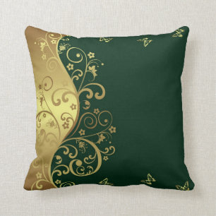 Throw Pillow--Dark Green & Gold Swirls Pillow
