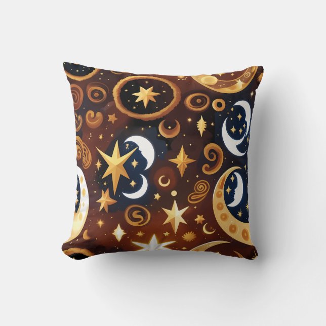 Throw Pillow – Golden Ochre Celestial Moon Pattern (Front)