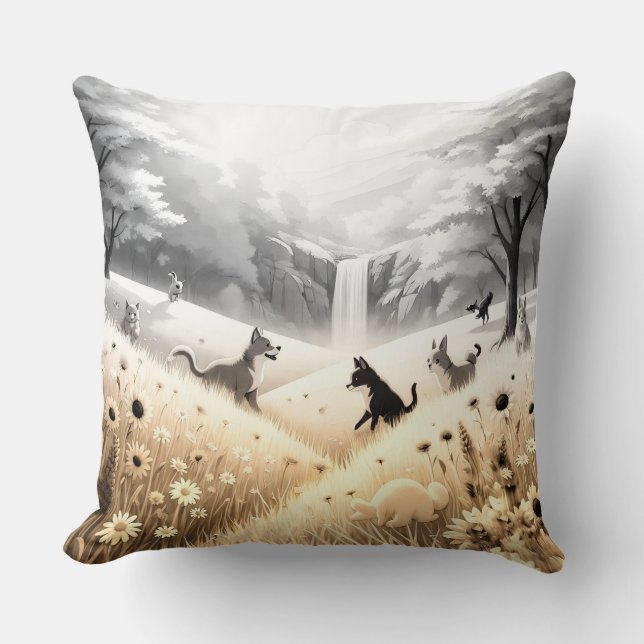 Throw Pillow Golden Yellow Flowers & Flowing Water (Front)