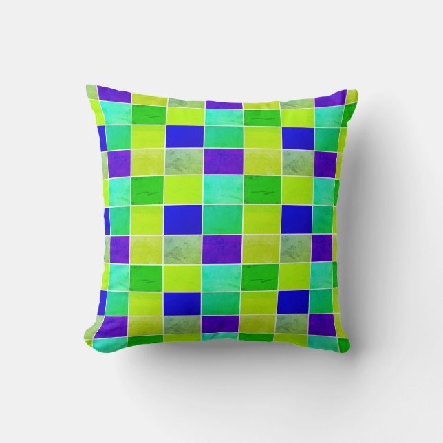 Throw Pillow Green Yellow Purple Squares (Front)