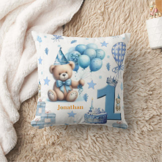 Throw Pillow, Happy 1st. Birthday Teddy Bear Blue Pillow