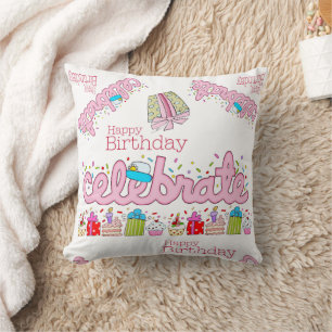 Throw Pillow, Happy Birthday Celebrate Pink  Pillow